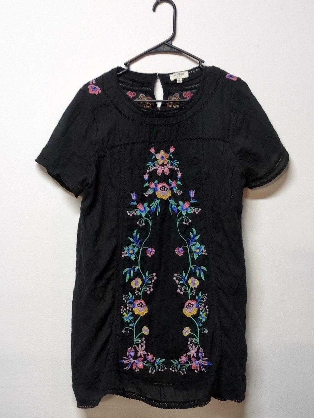 Umgee Floral Embroidered Black Tunic Dress Lined Boho Crochet Cotton Size M - Picture 2 of 11